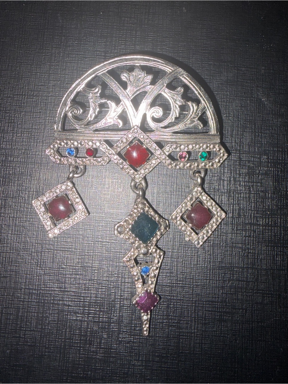 Vintage-Inspired Silver Multi-Gem Dangle Brooch - Red & Blue Accents